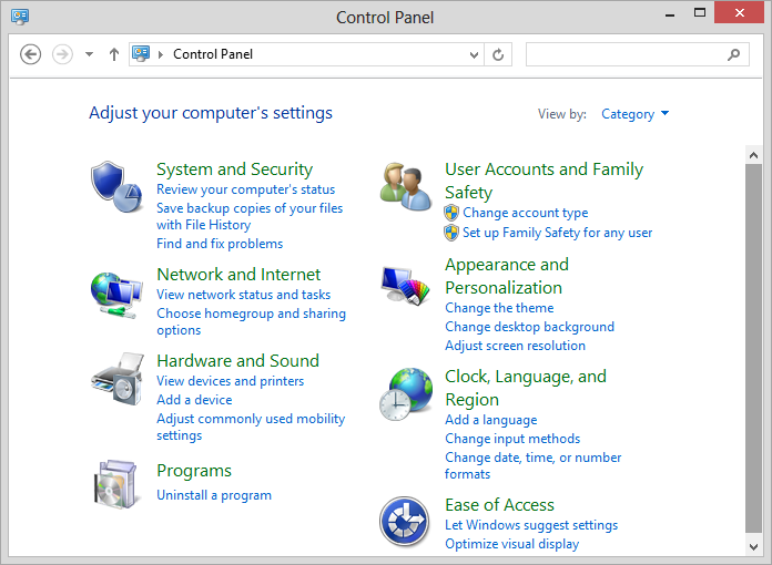 Windows 8 Control Panel category
view