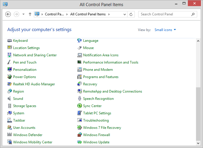 Windows 8 Control Panel small 
icons view