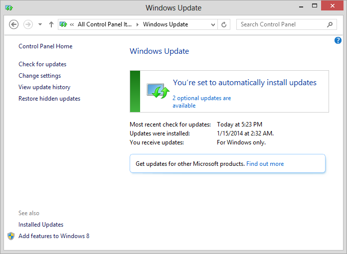 Windows 8 update setting