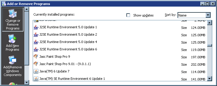 Add or Remove Programs - Java entries
prior to upgrade to Java 6 update 11