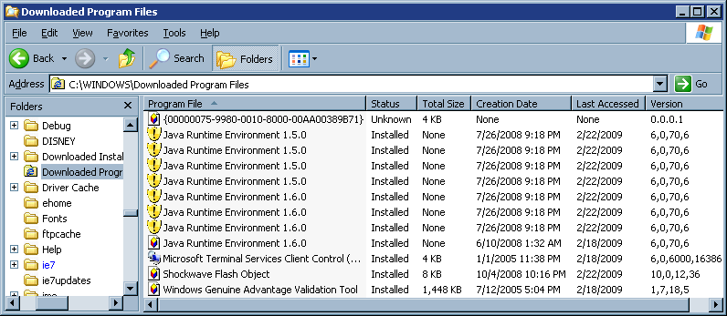 Downloaded program files list
in Windows Explorer