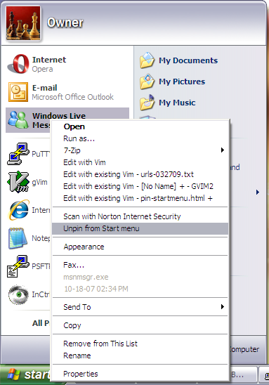 Start Menu - unpin Windows Live Messenger