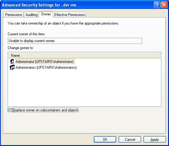 Advanced security
settings for .dvr-ms