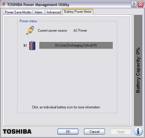 Toshiba Power Management on A/C battery zero charge