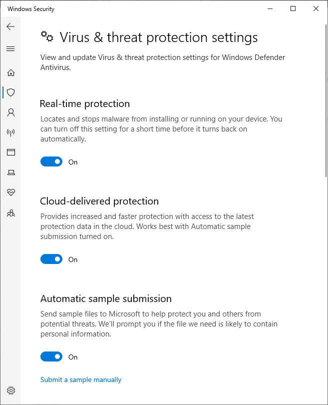 Windows Security Virus
and Threat Protection Settings