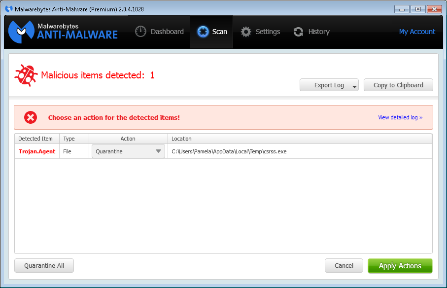 Malwarebytes detected csrss.exe