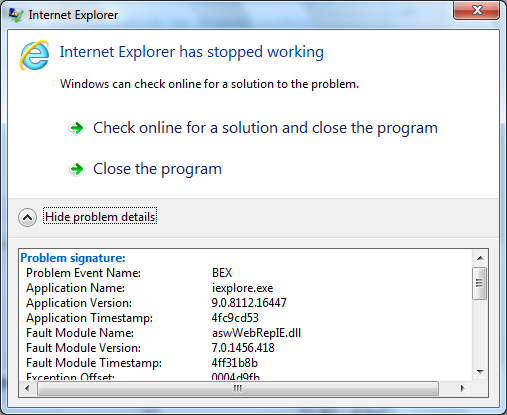 Internet Explorer has stopped
working details
