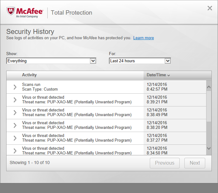 Viewing Results Of Prior Antivirus Scans For McAfee Total Protection