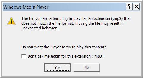 Windows Media Player extension warning