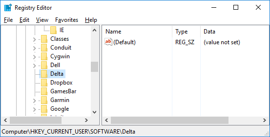 Registry Editor - HKCU\Software\Delta