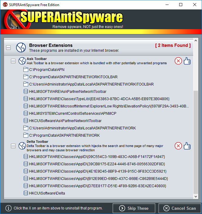 SUPERAntiSpyware
- Ask and Delta toolbars