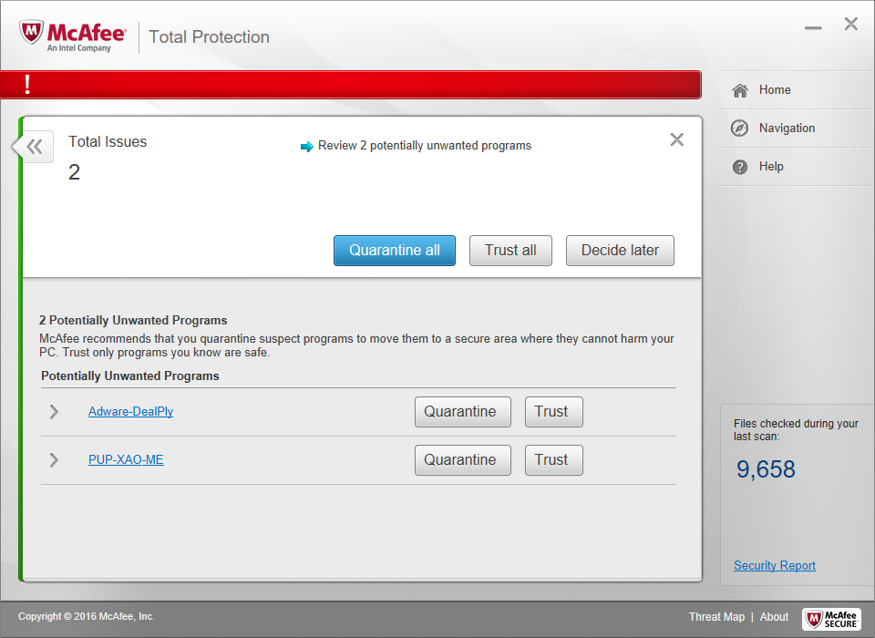McAfee Total Protection found 2 items