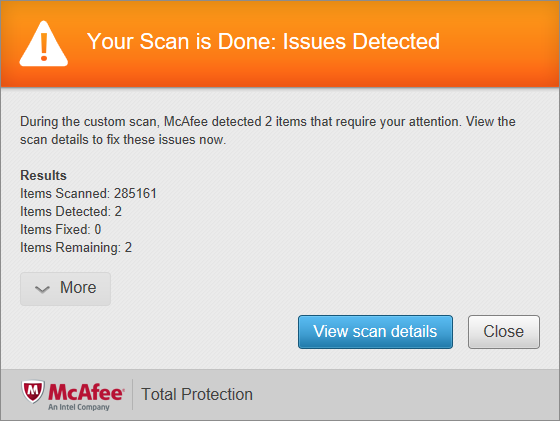 McAfee Total Protection scan completed