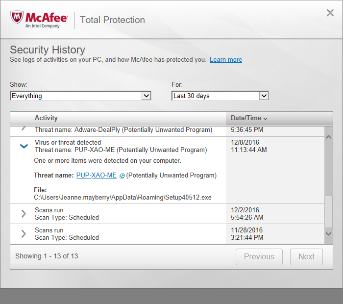 McAfee detected PUP-XAO-ME on
2016-12-08
