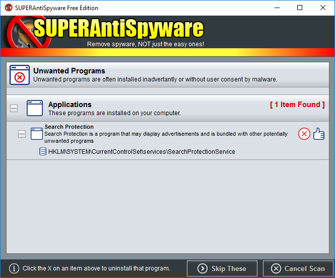 SUPERAntiSpyware found Search
Protection