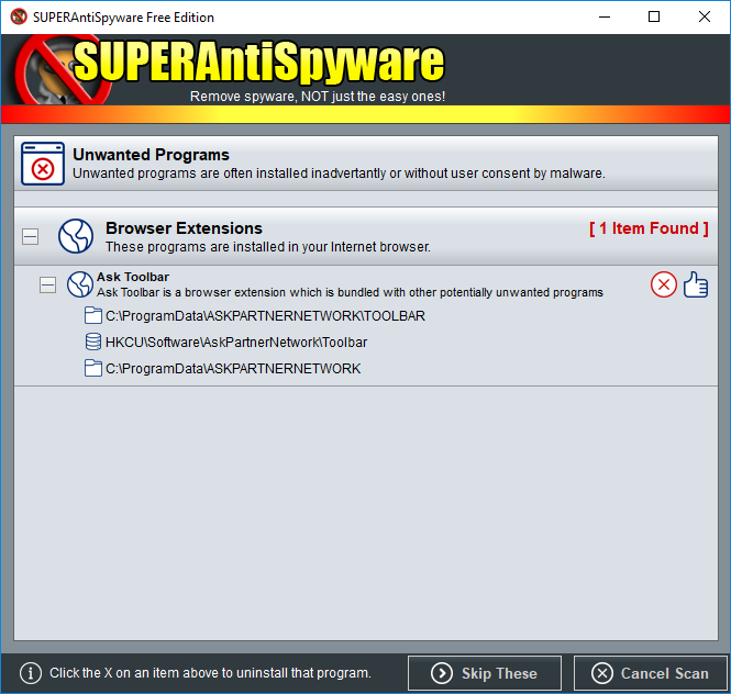SUPERAntiSpyware detected
Ask Toolbar