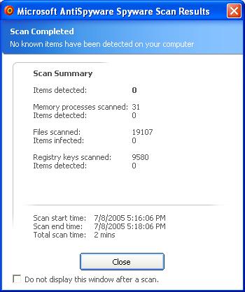 Microsoft AntiSpyware scan results
