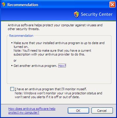 Windows Security Center
AntiVirus Protection Recommendation setting