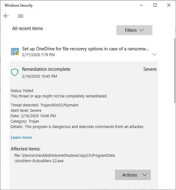 Windows Defender detected 
Trojan:Win32/Nymaim