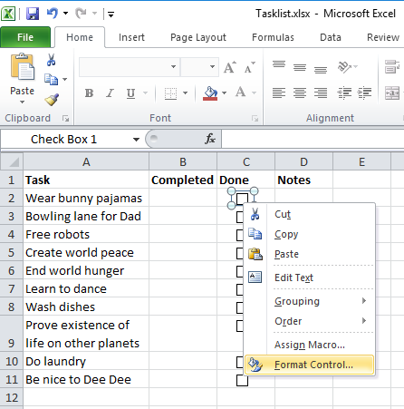 Checkbox select Format Control