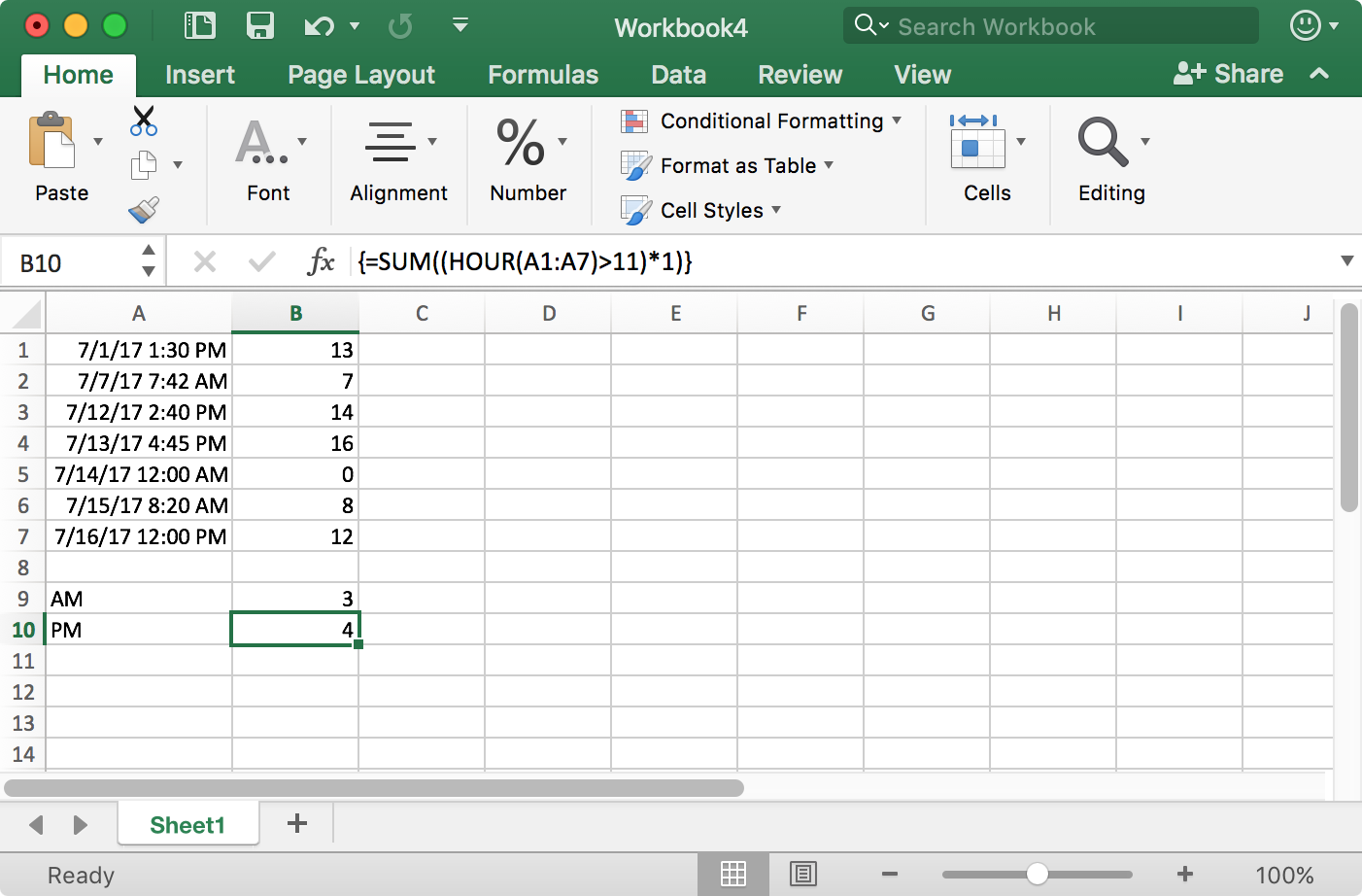 Excel array formula