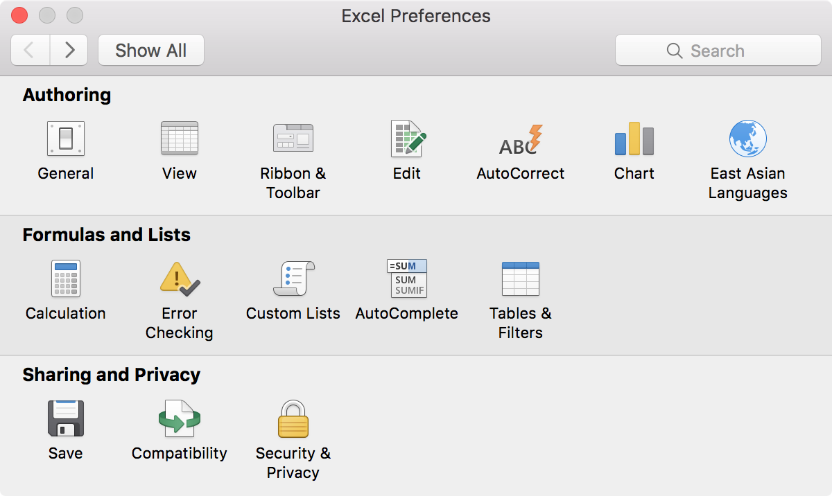 Excel - Preferences