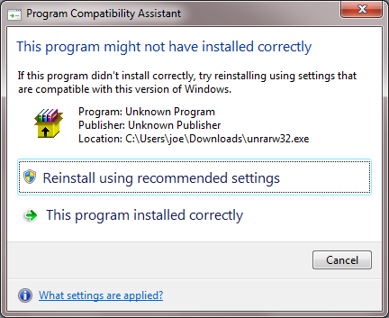 Unrar Program Compatibility window